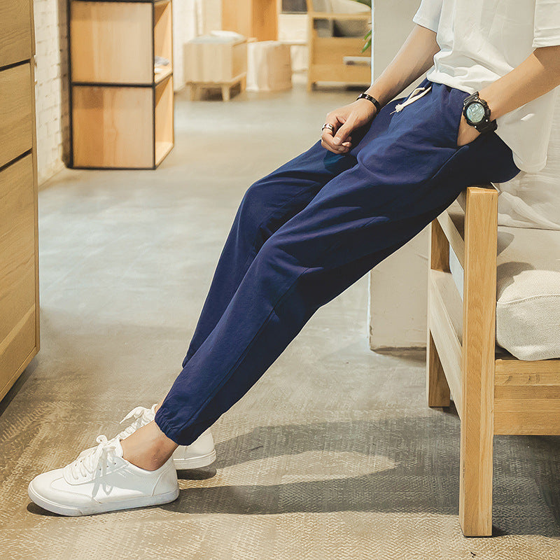 Cotton And Linen Casual College Student Cropped Pants Men