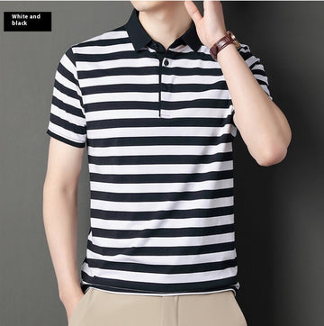 Summer Short-sleeved T-shirt Men's Cotton Ice Silk Polo Collar Stripes Youth Undershirt